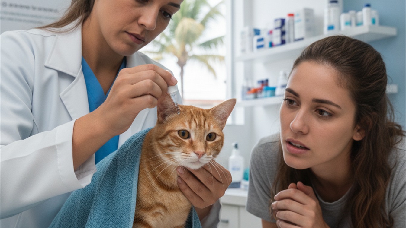 veterinario examinando gato com sarna otodecica orelha