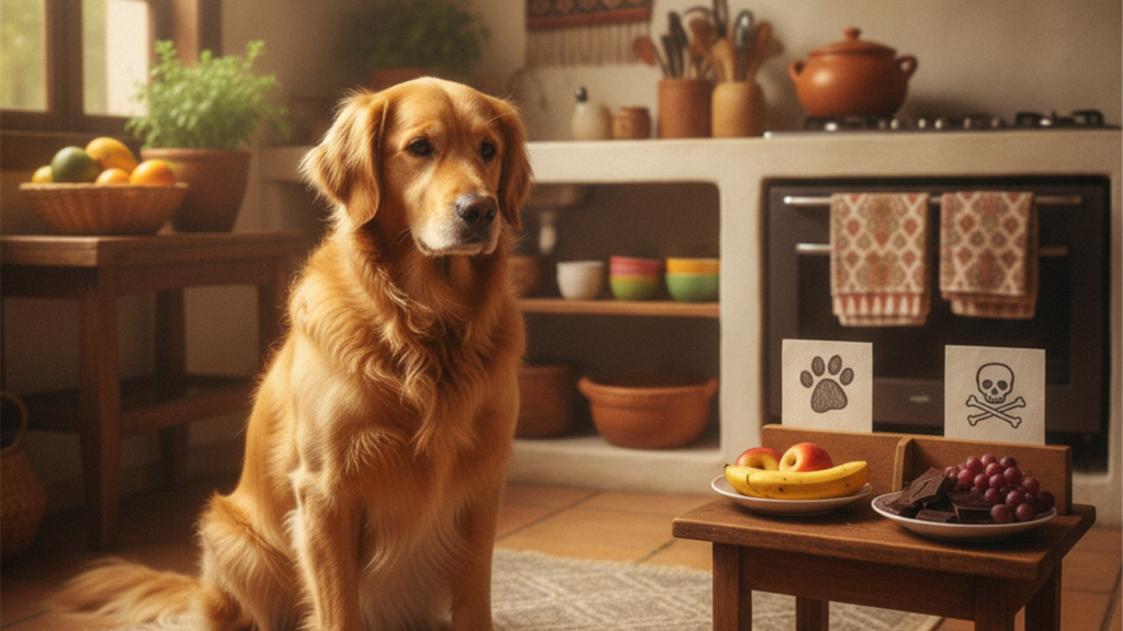 Cao golden retriever ao lado de tigela com alimentacao saudavel na cozinha