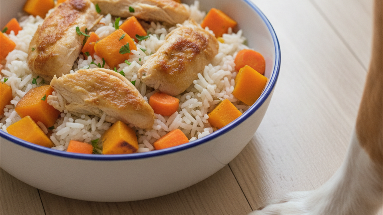 Tigela com alimentacao saudavel para cachorro frango arroz cenoura abobora