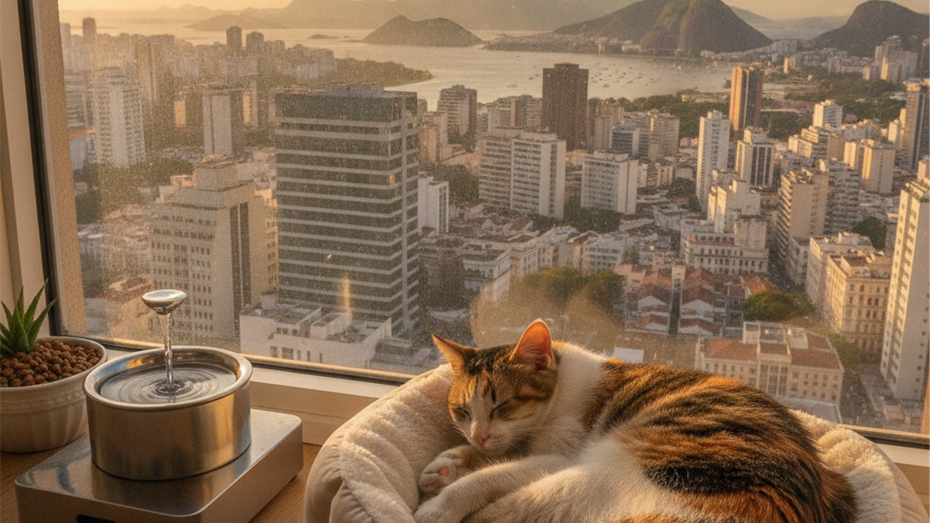 gato na janela do apartamento com tigelas