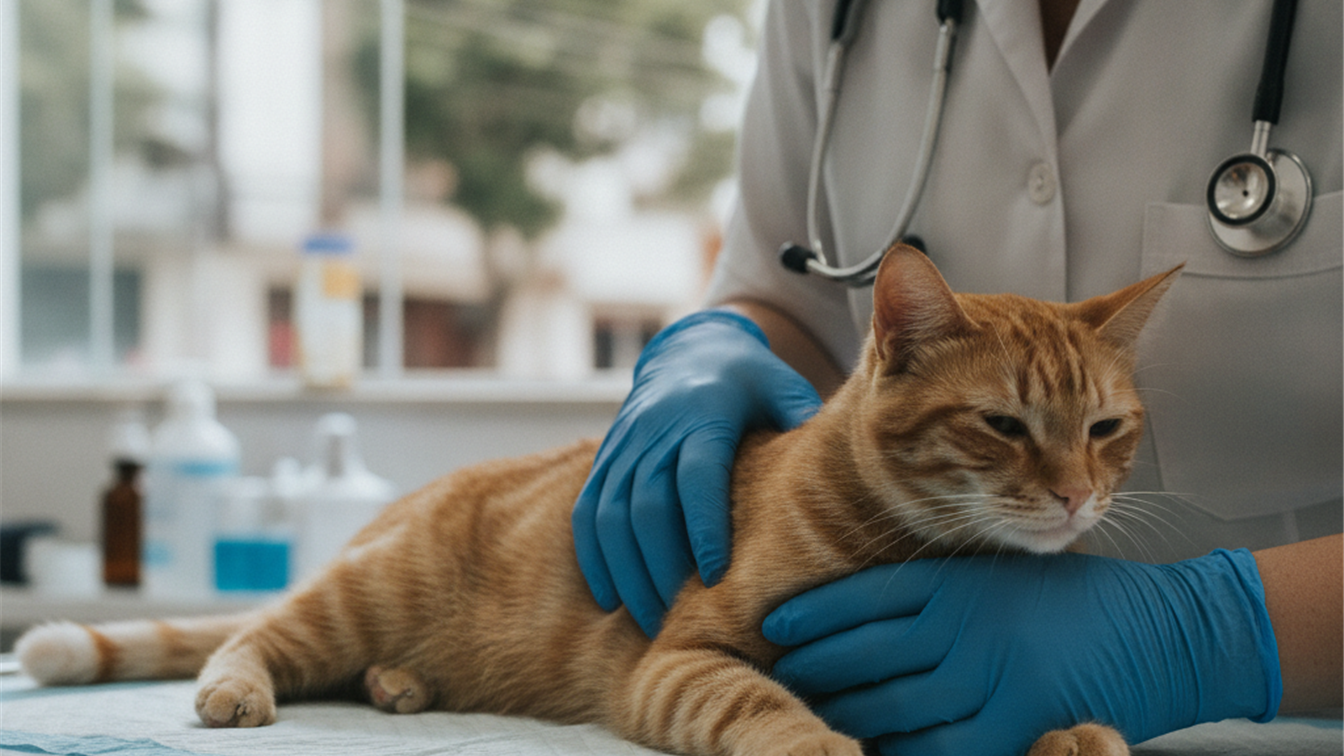 Veterinario examinando gato em consulta de saude felina