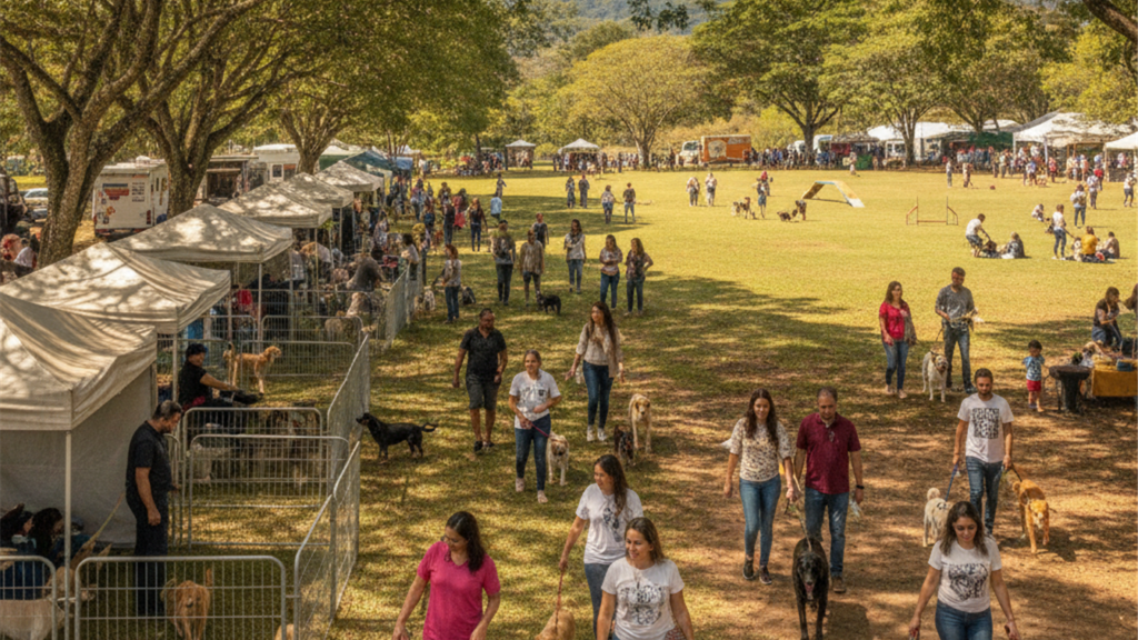 Familias e caes em festival pet ao ar livre no Brasil