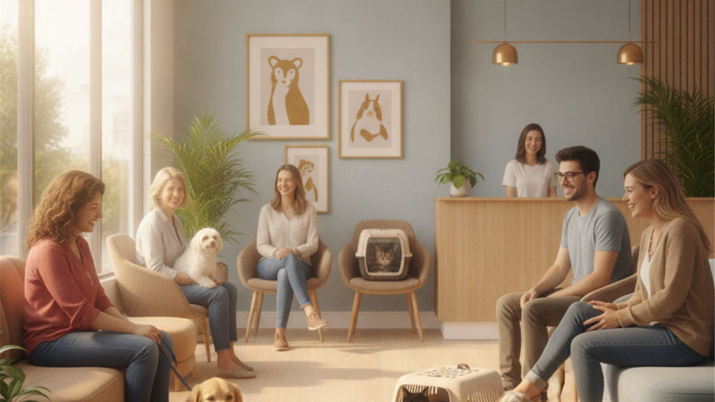 Sala de espera de clinica veterinaria no Brasil com tutores e seus pets