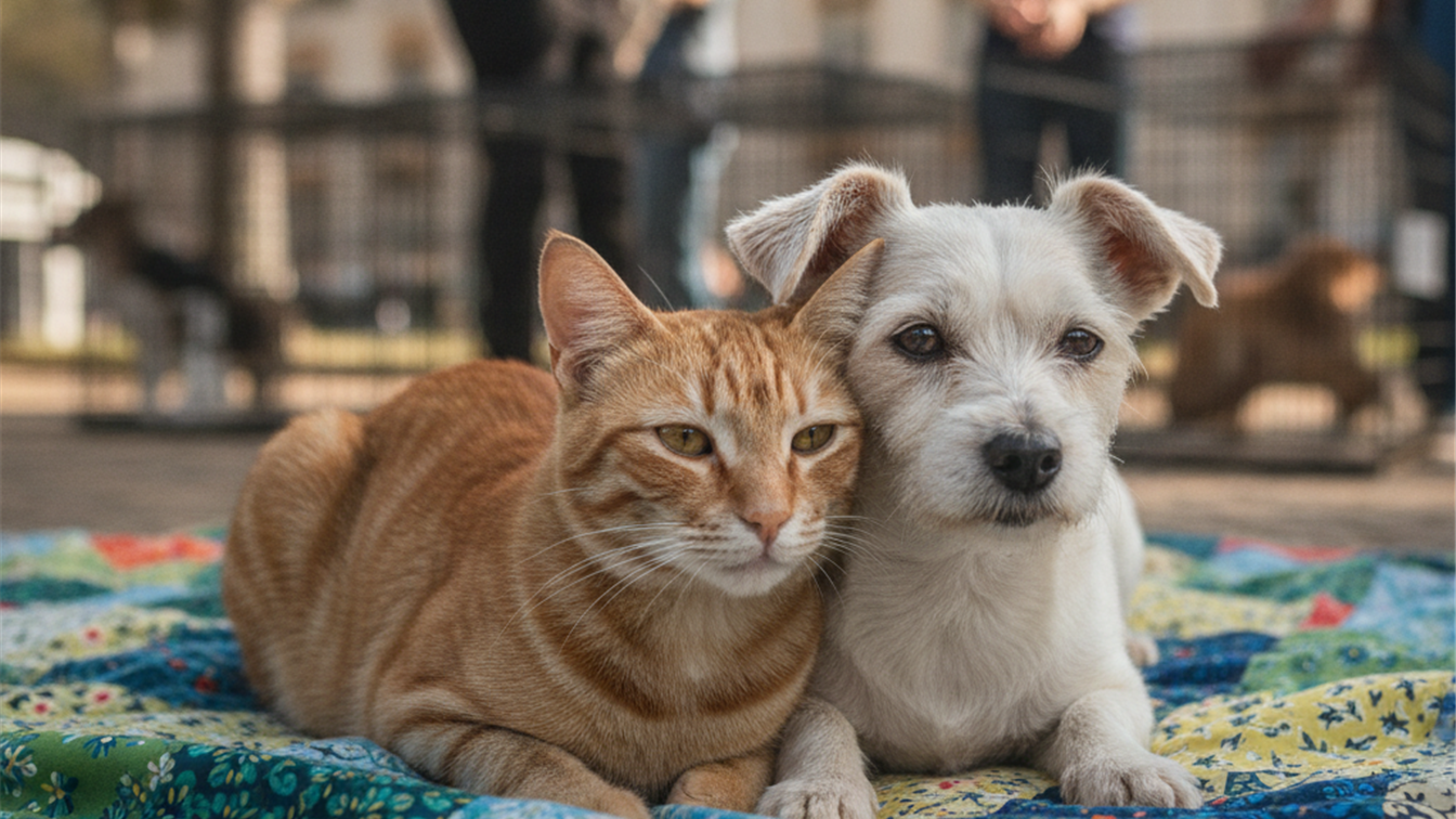 Gato e cachorro juntos em feira de adocao no Brasil