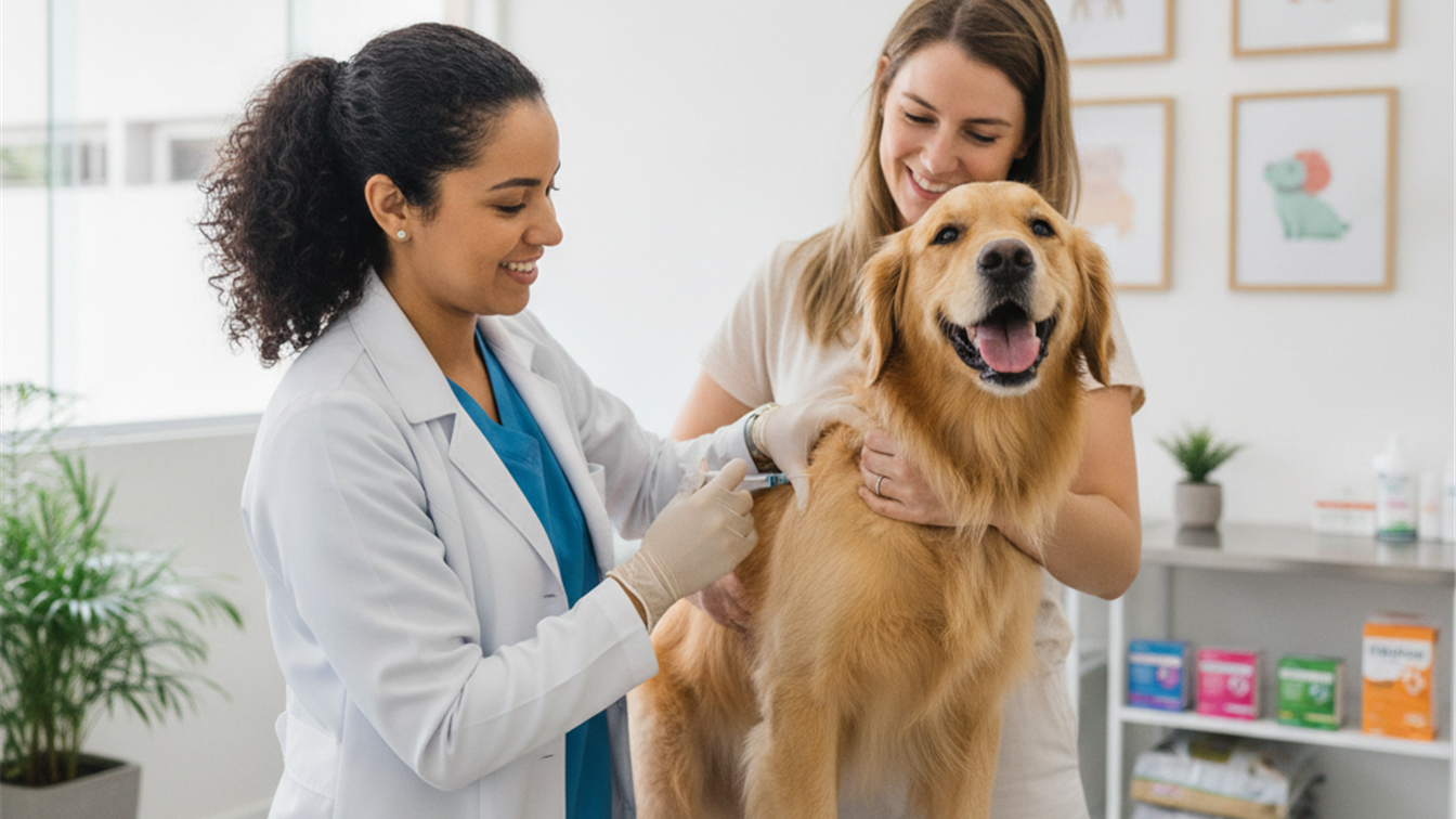 Veterinaria vacinando cachorro golden retriever no Julho Dourado