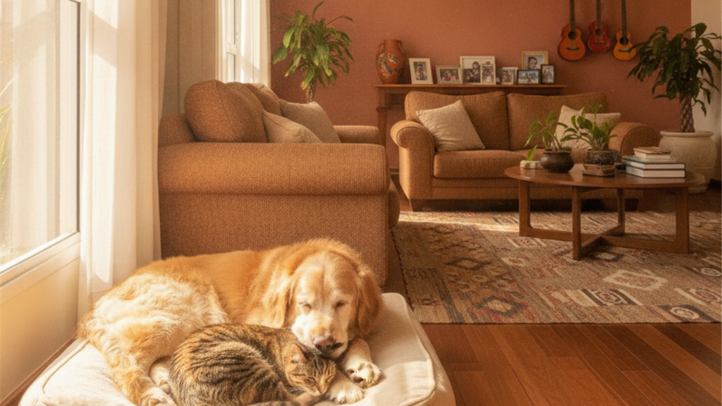 cachorro idoso e gato senior descansando em cama ortopedica