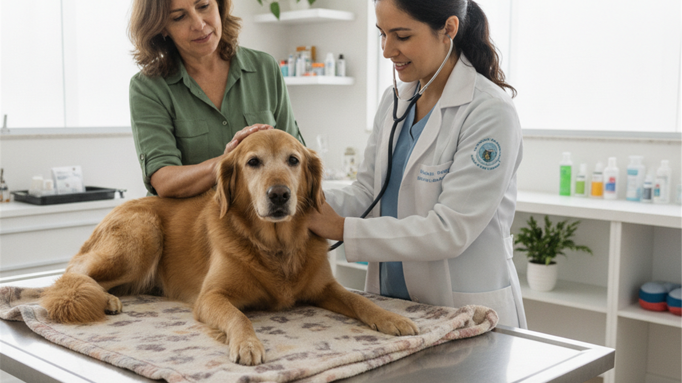 veterinario examinando cachorro idoso na clinica