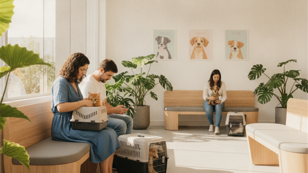 Sala de espera de clinica veterinaria com cachorro e gato