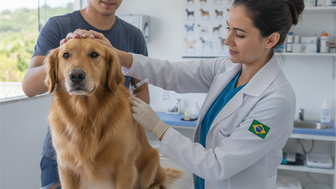 Veterinario aplicando vacina em cachorro golden retriever
