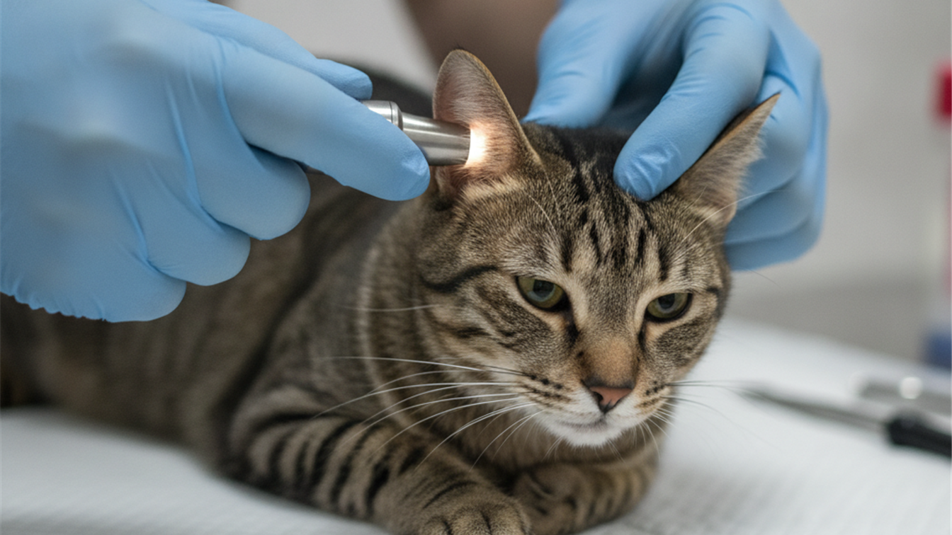 Veterinario examinando orelha de gato com otoscopio