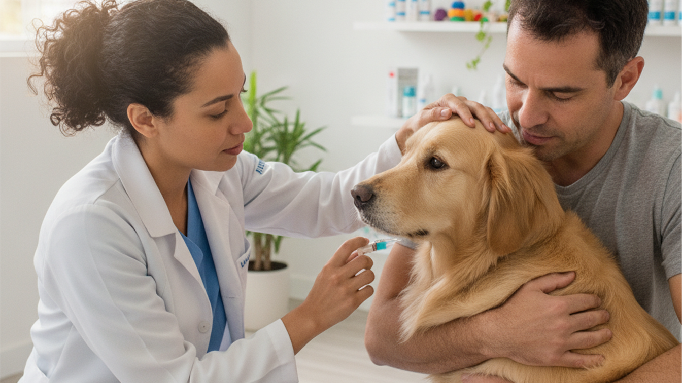 Veterinario aplicando vacina em cachorro durante campanha antirrabica
