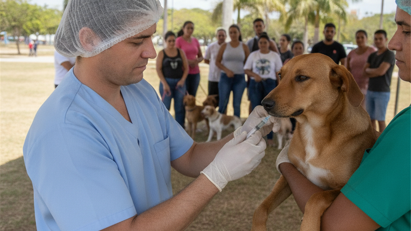 Veterinario aplicando vacina antirrabica em cao em campanha no Brasil