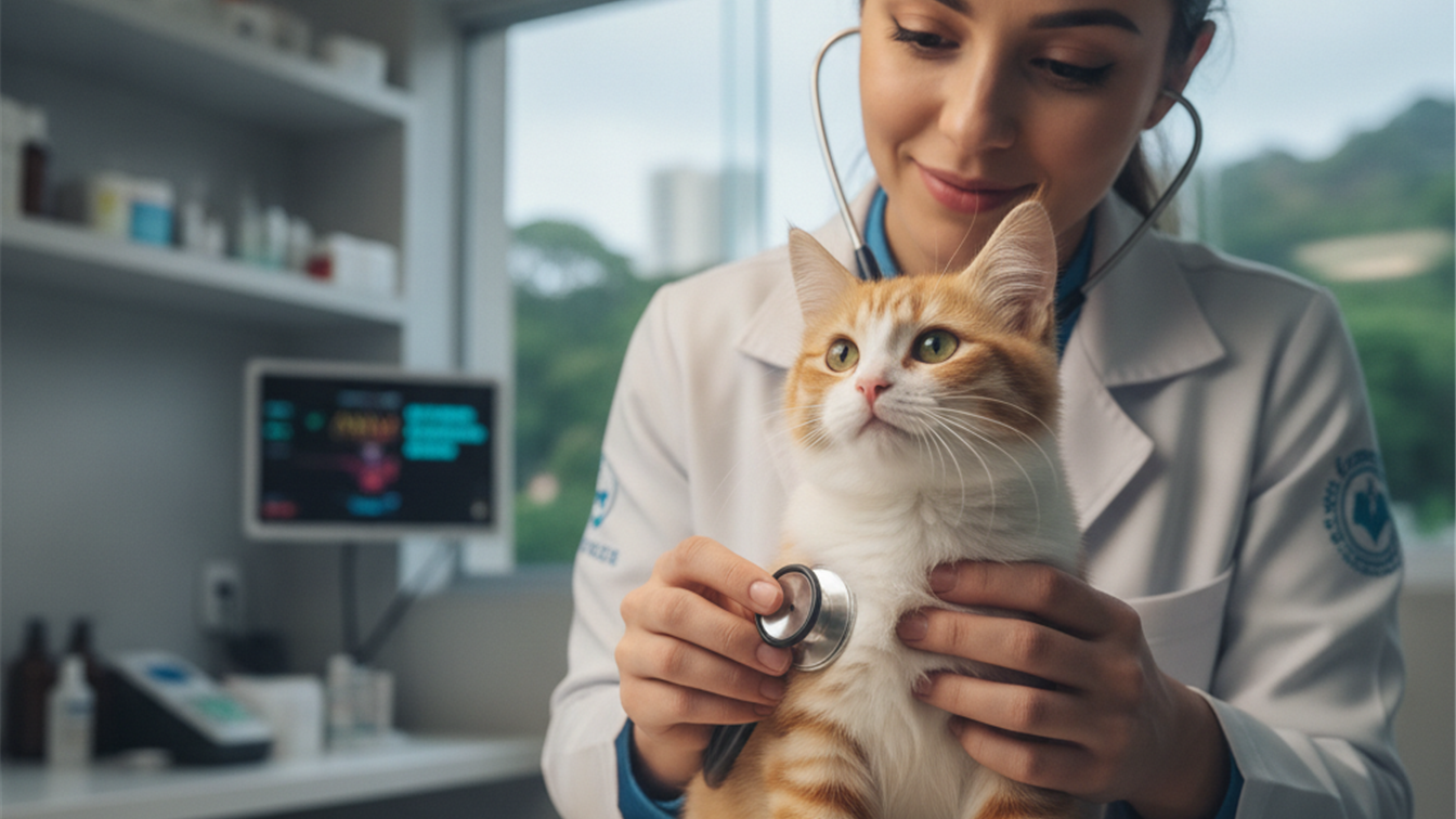 Veterinario examina gato em clinica veterinaria