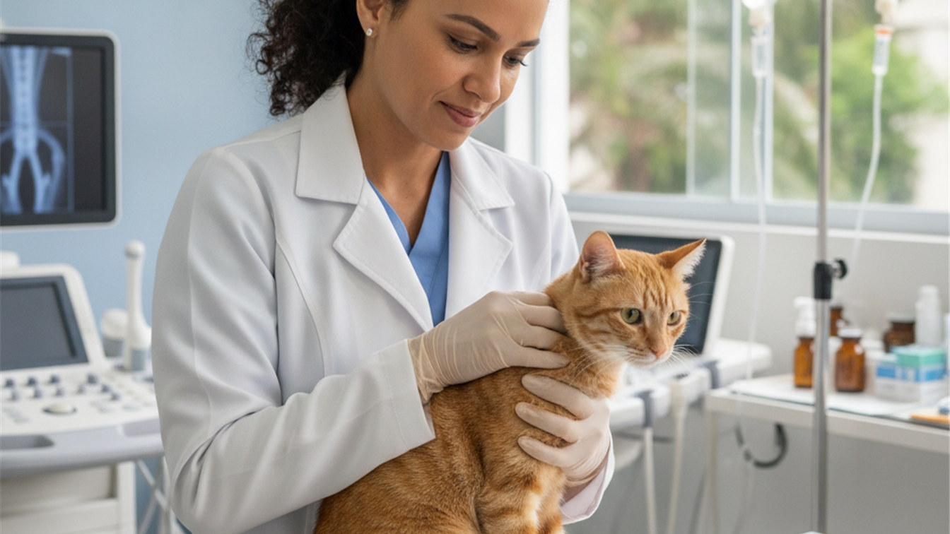 Veterinario examina gato em clinica