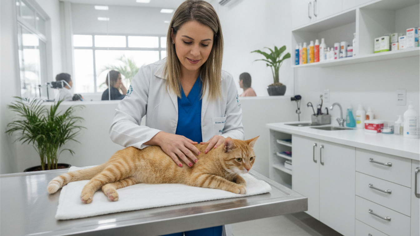 Veterinario examinando gato em clinica no Brasil
