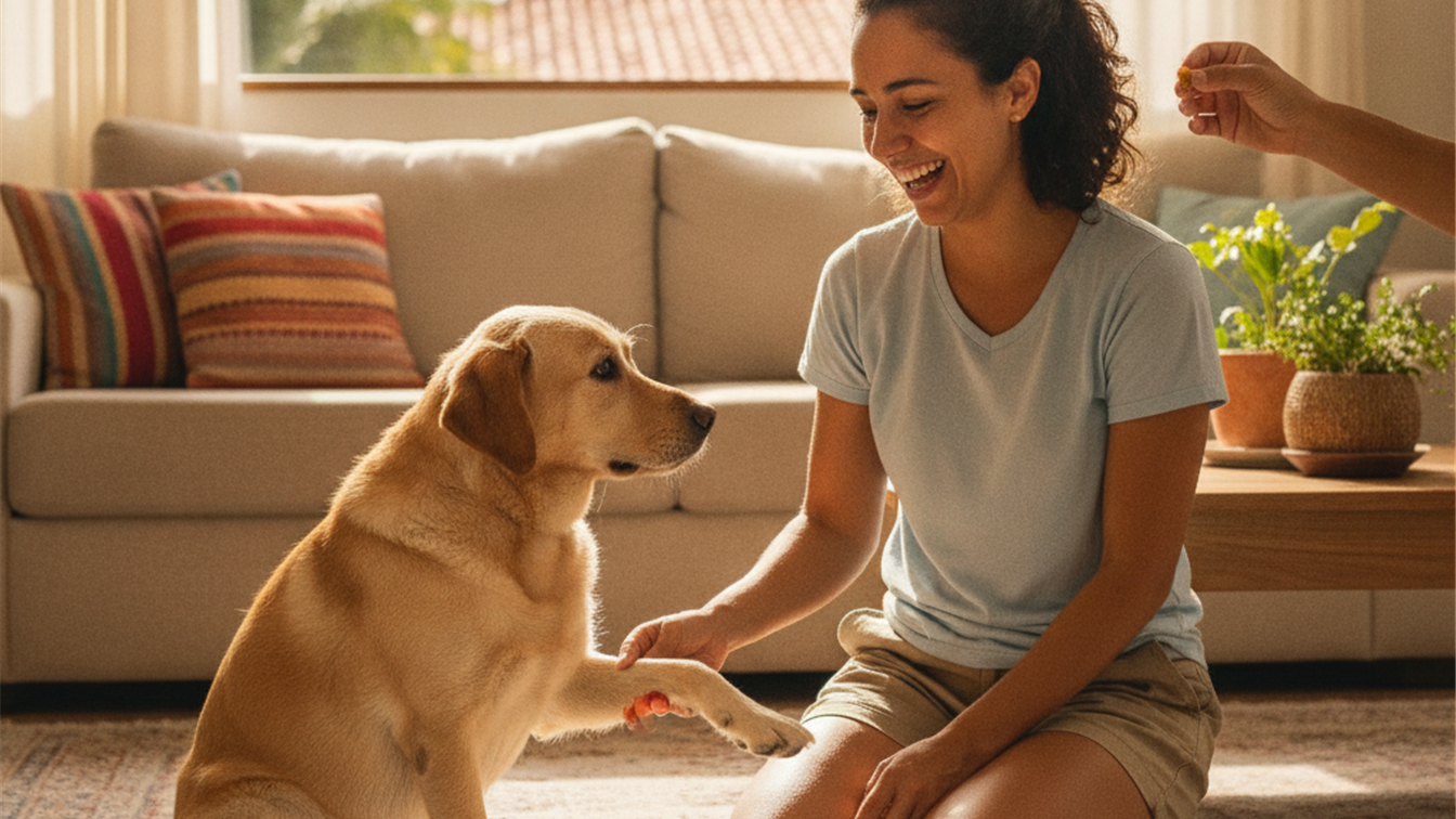 Cao adulto aprendendo comandos com reforcamento positivo em casa