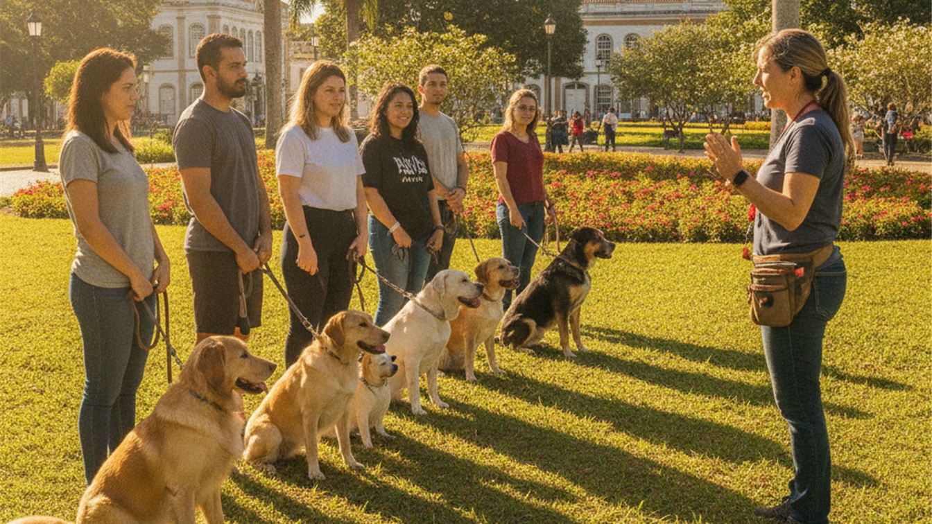 Aula coletiva de adestramento de caes em parque ao ar livre no Brasil