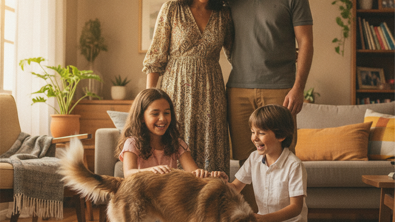 familia recebendo cachorro adotado em casa no Brasil