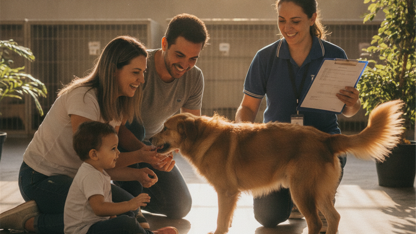 familia adotando cachorro resgatado abrigo