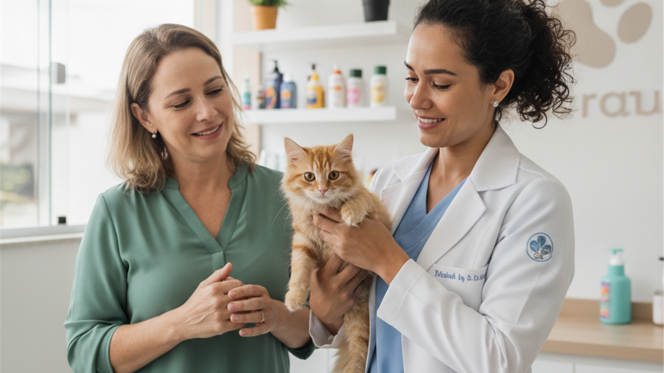 veterinario examinando gato adotado em clinica pet no Brasil