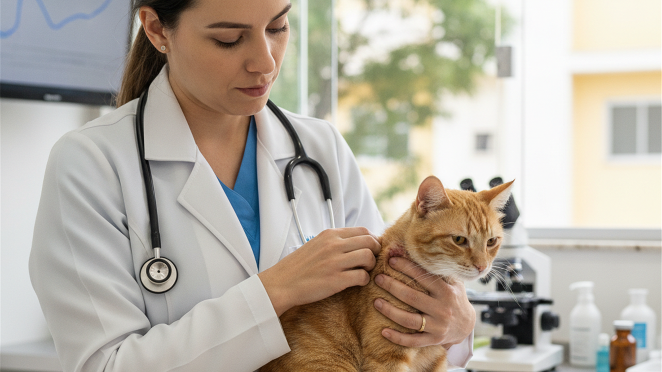 veterinario examinando gato com alergia