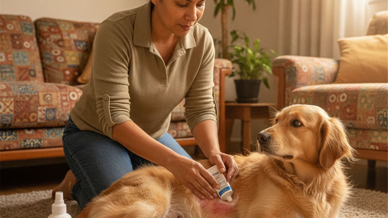 tutor aplicando medicamento em cachorro com alergia pele