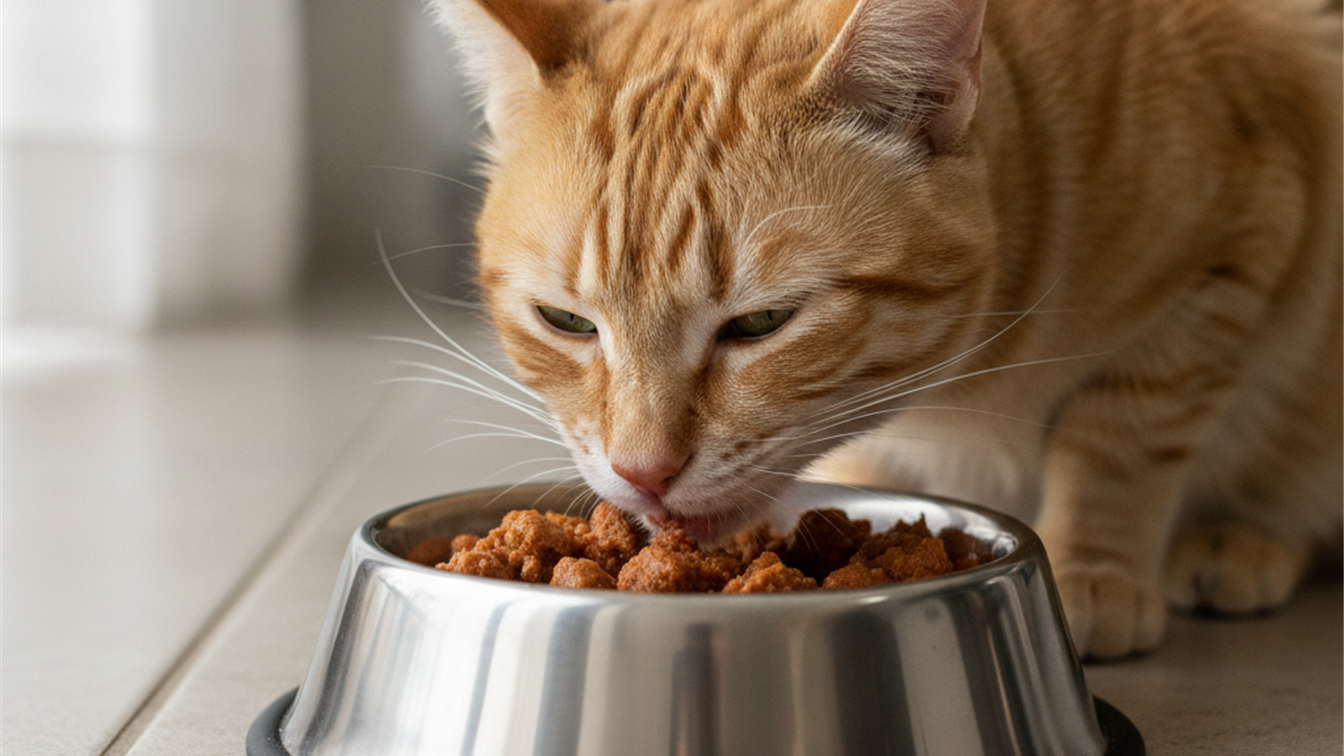 gato comendo racao umida em tigela