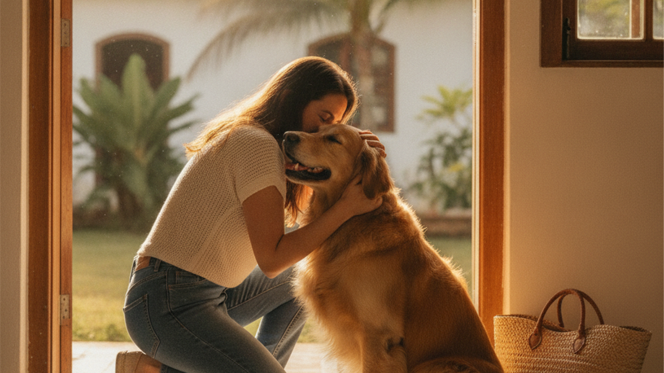 Mulher se despedindo do cachorro antes de sair de casa