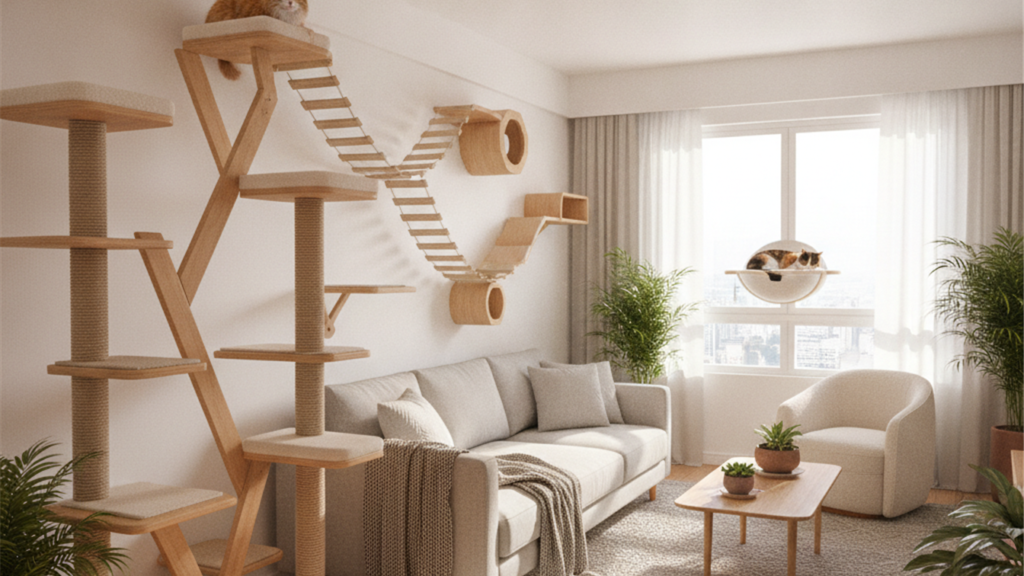 apartamento para gatos com prateleiras e arranhadores verticais