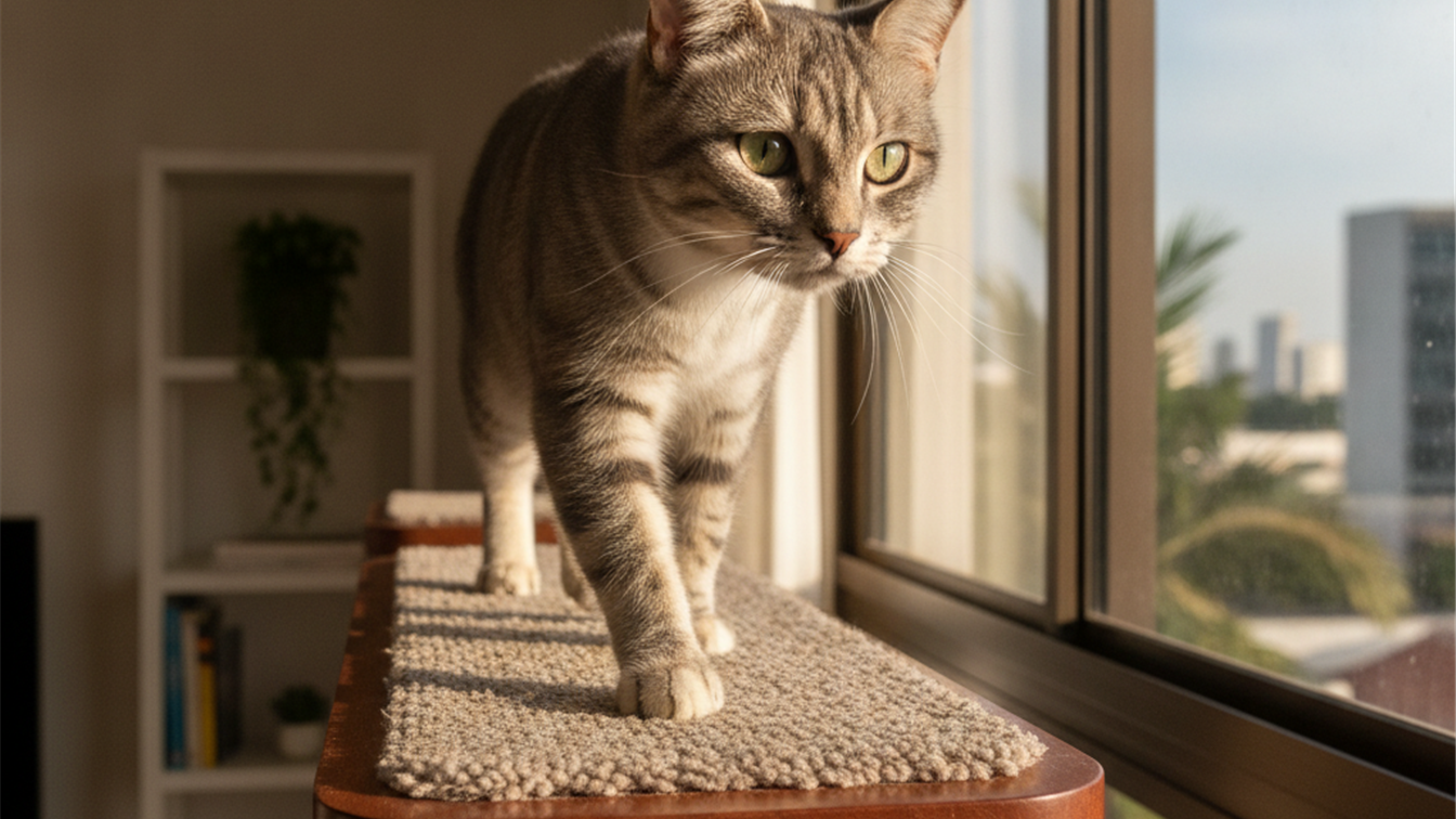 gato caminhando em prateleira vertical de apartamento