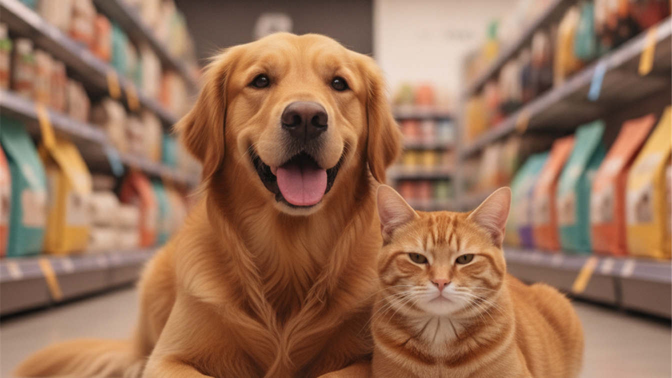 Cachorro golden retriever e gato juntos em loja de produtos pet