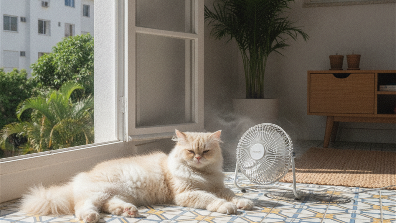 gato descansando em piso fresco perto de ventilador em dia quente