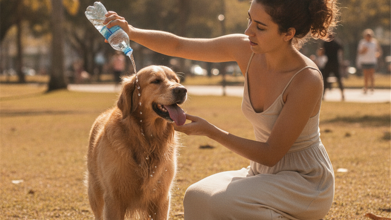 tutora oferecendo agua fresca para cachorro em dia de calor