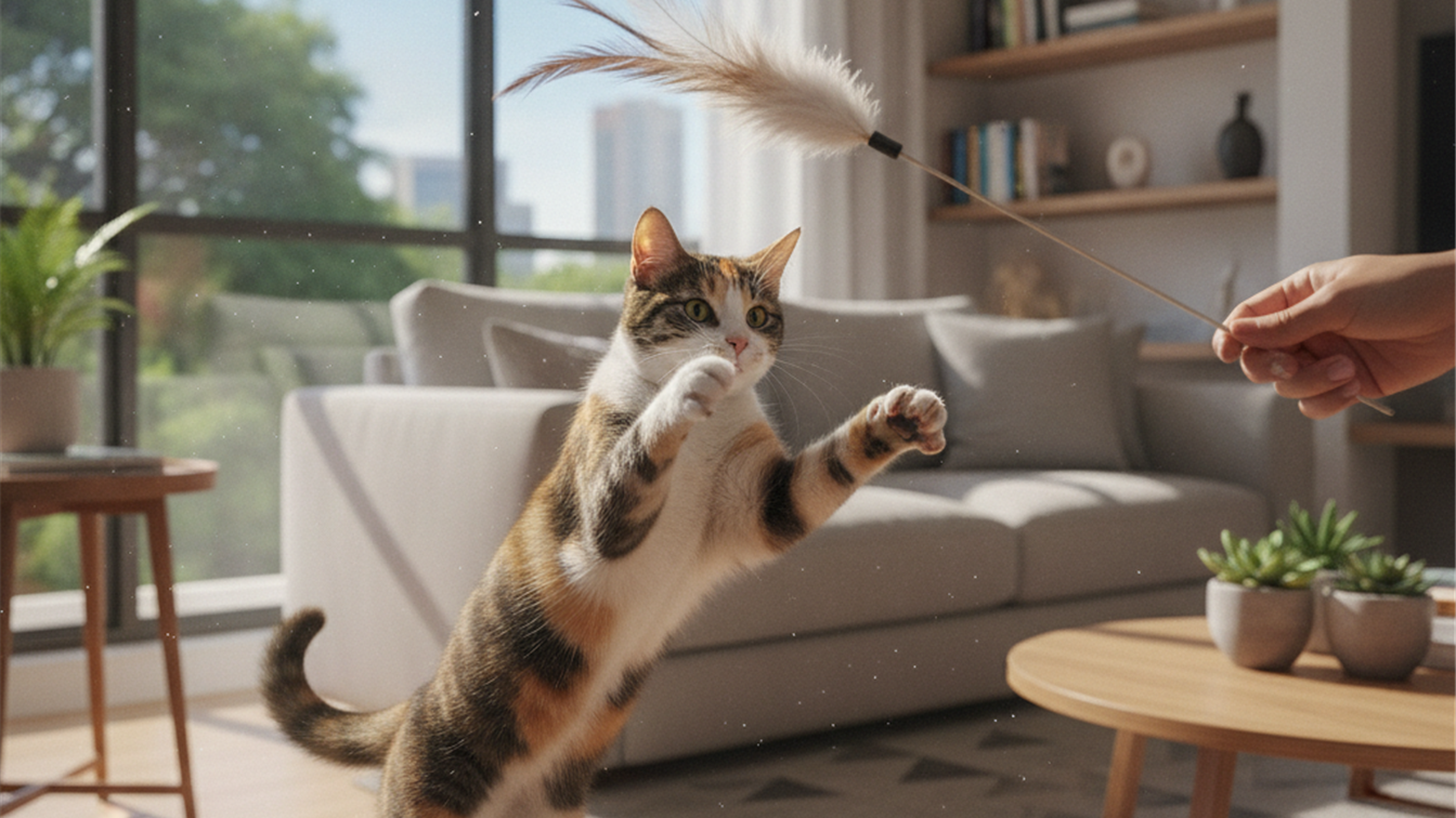 gato brincando com brinquedo interativo em apartamento moderno