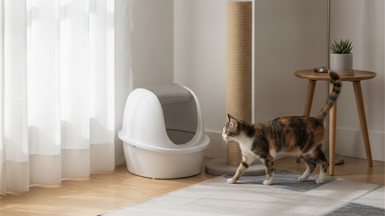 gato usando caixa de areia em apartamento organizado