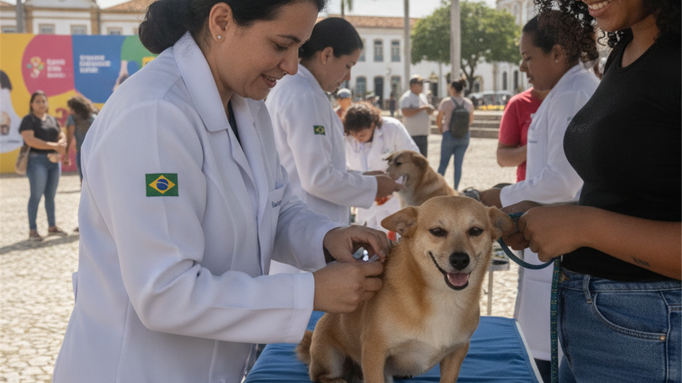 Veterinario vacinando cachorro em campanha antirrabica no Brasil