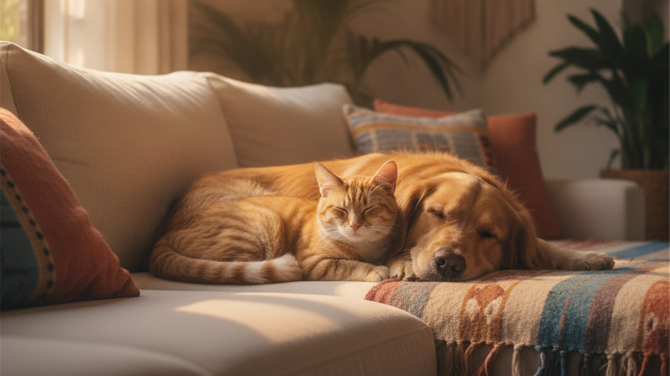 Cachorro e gato saudaveis descansando juntos em casa no Brasil
