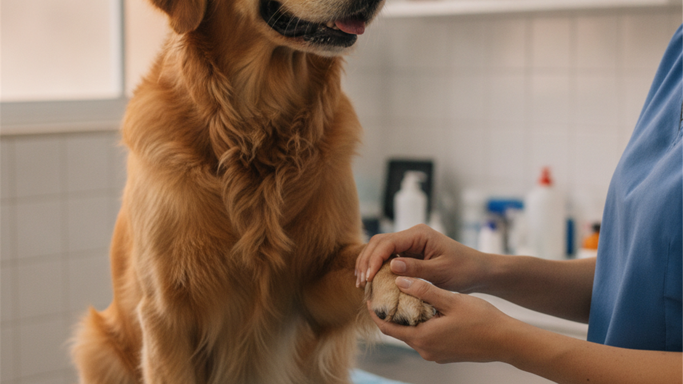 Veterinario examinando pata de cachorro em checkup