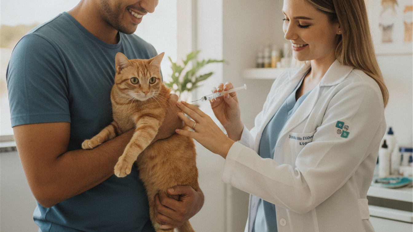 Veterinario vacinando gato em clinica no Brasil