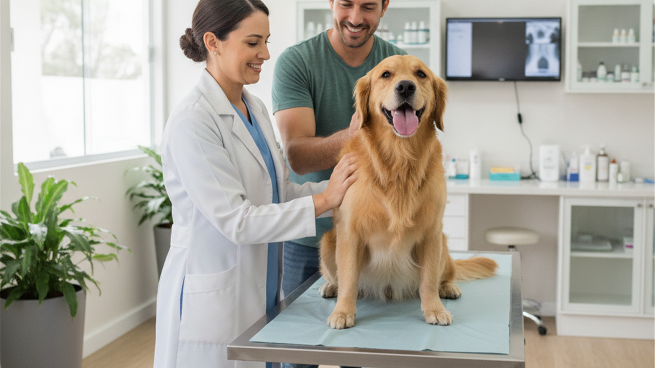 Veterinario examinando cachorro golden retriever em clinica