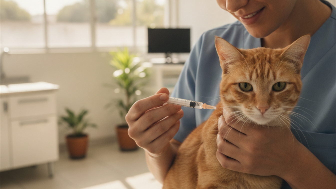 Veterinario vacinando gato laranja em clinica