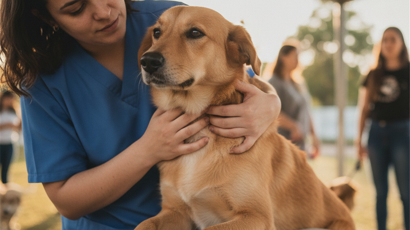 Veterinario examinando cachorro em campanha de vacinacao
