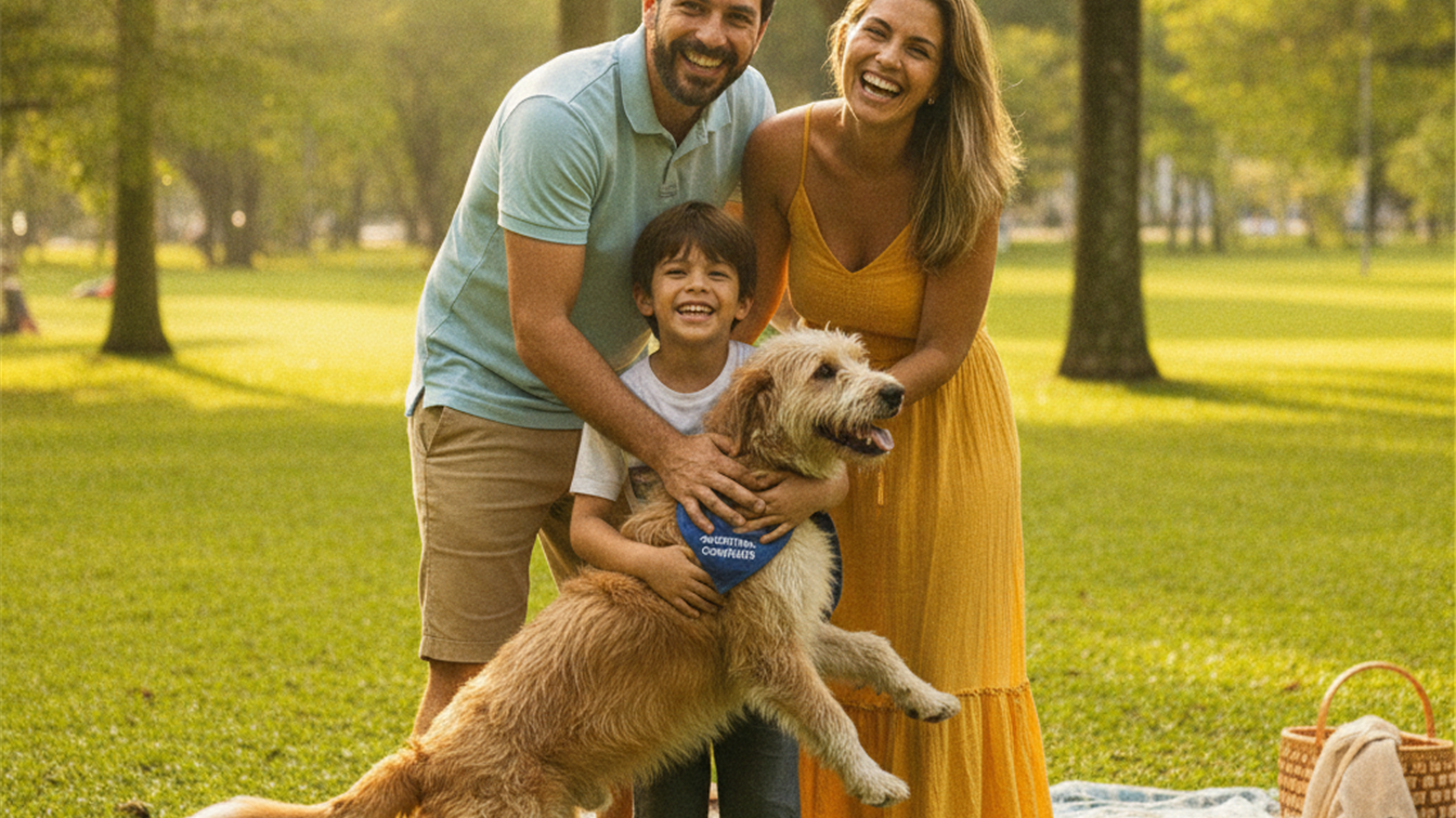 Familia adotando cachorro resgatado no Brasil