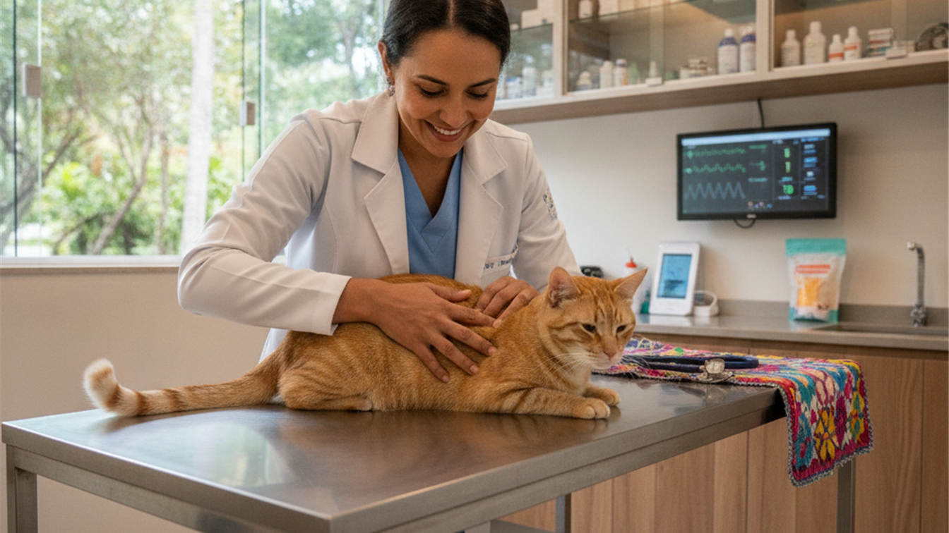 Veterinario examinando um gato em clinica moderna no Brasil