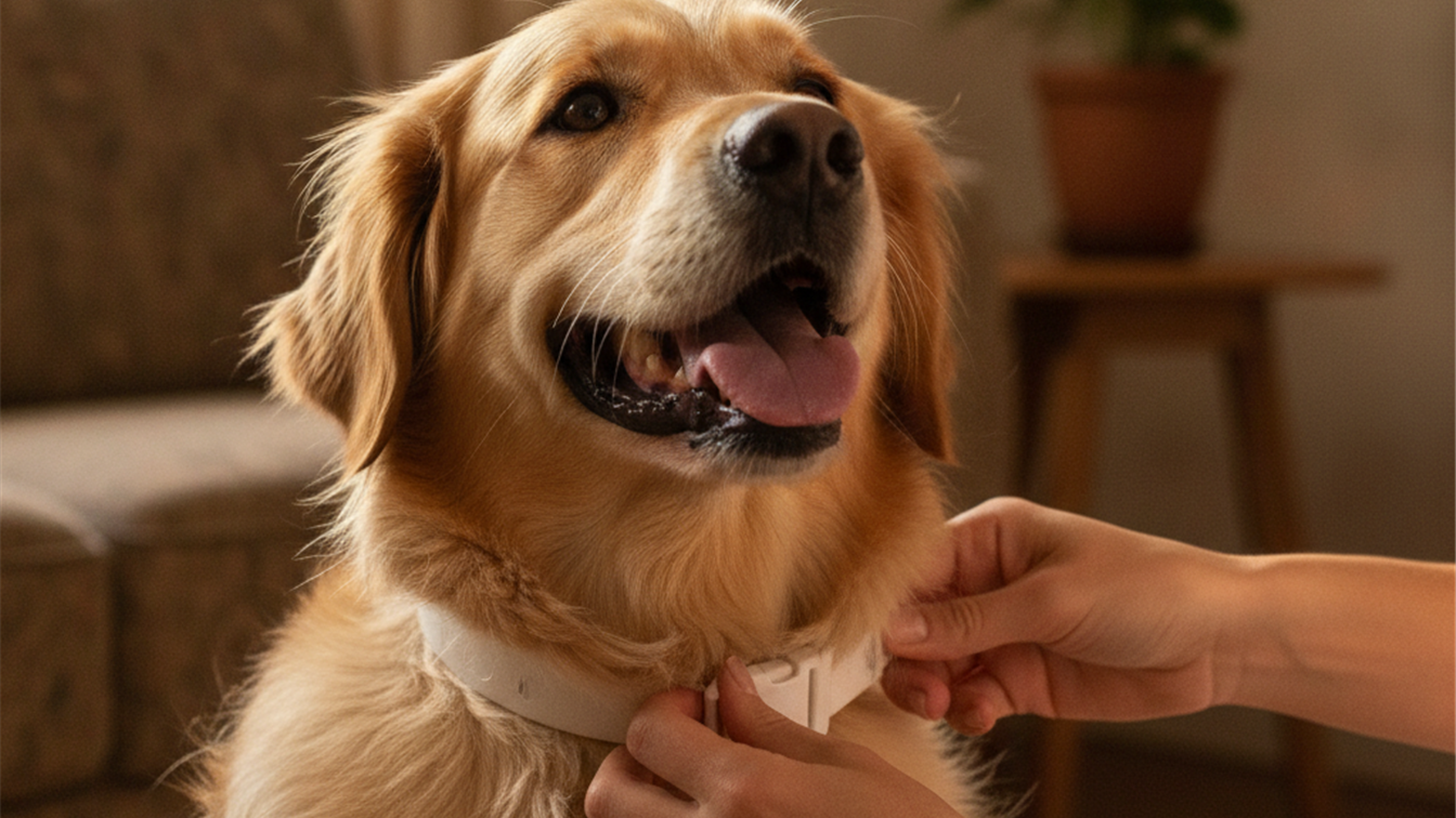 Tutor colocando coleira antiparasitaria em cachorro