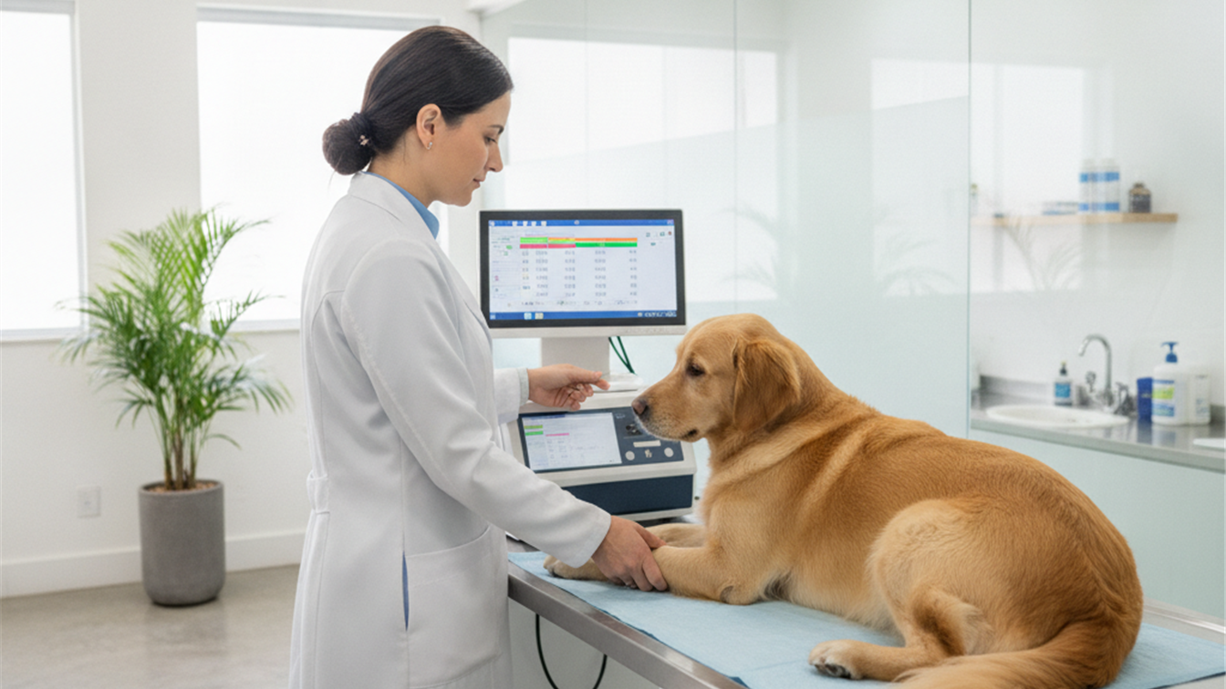 Veterinario usando tecnologia de diagnostico em cao