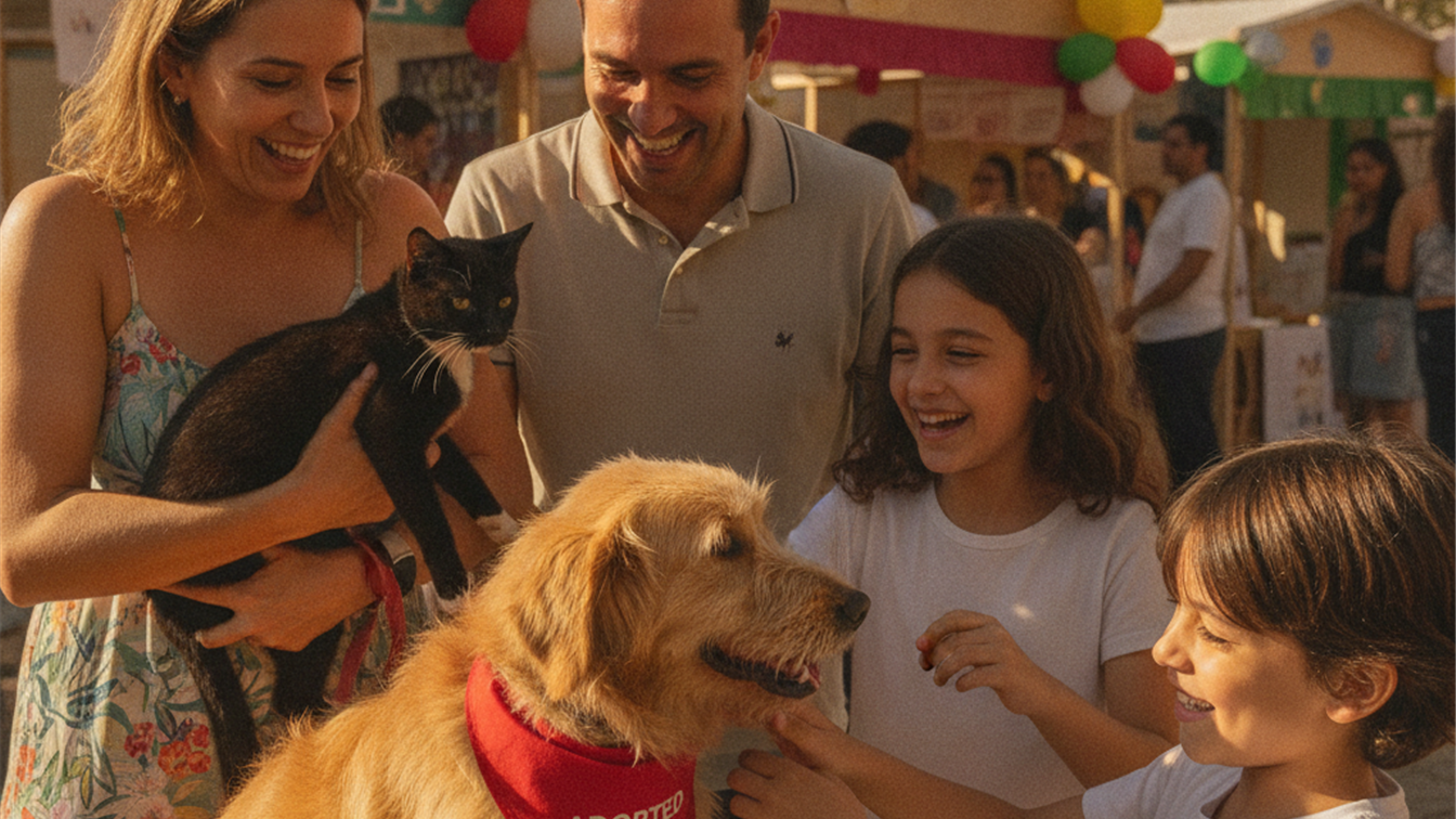Familia brincando com pets resgatados em feira de adocao
