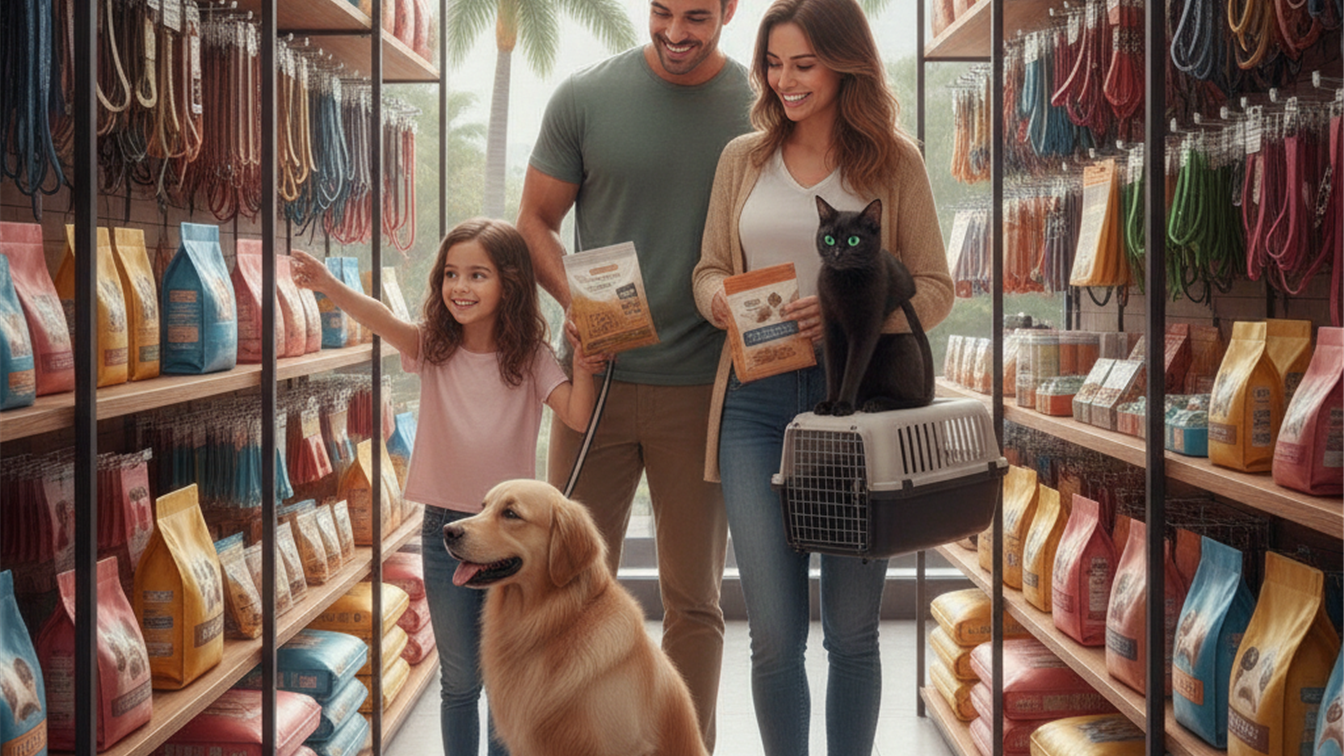 Familia comprando produtos para pets em pet shop no Brasil