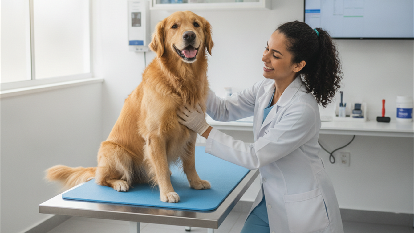 Veterinário examinando cachorro em clínica moderna no Brasil