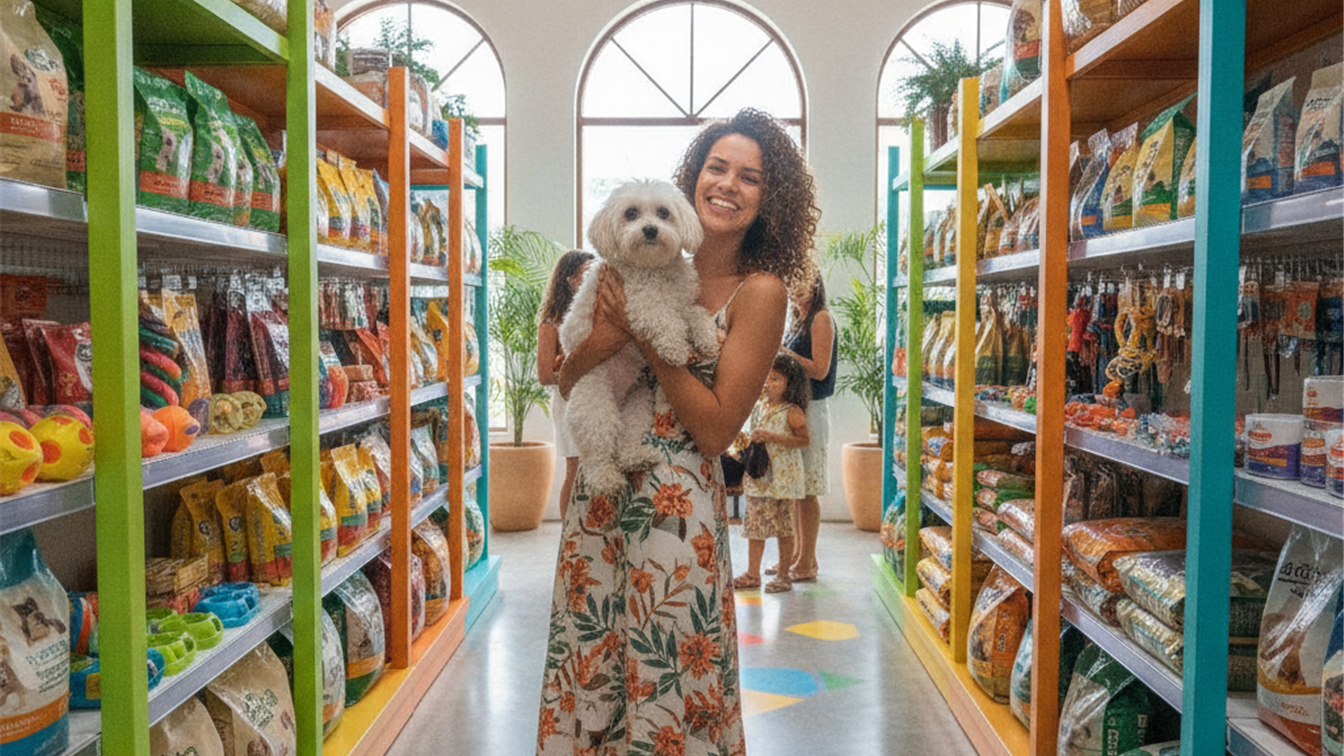 Pet shop moderno no Brasil com tutora feliz e seu cachorro pequeno